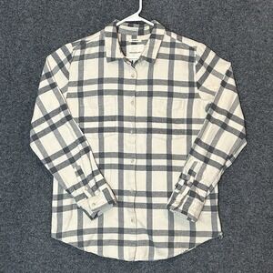 Thread & Supply Women's Cream/Gray Plaid Shirt Shacket Jacket Pockets ~ MEDIUM